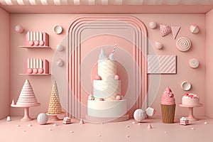 Pink backdrop, birthday celebration, fun decorations, generated AI