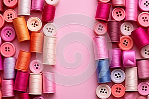 Pink backdrop with colorful thread spools and buttons, top view