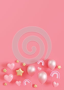 Pink background with balloons, hearts, stars and copy space. It's a girl vertical backdrop with empty space for text