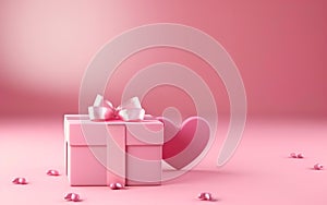 Pink background banner with a pink gift box with a big matte heart surrounded by little hearts scattered on the surface