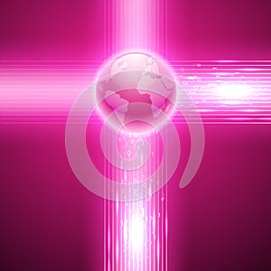 Pink background with binary code to the globe.
