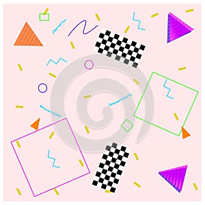 pink background with chequered  colorful triangle  square and circle pattern texture