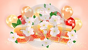 Pink background with cherry blossoms, air balls and inscription Sale