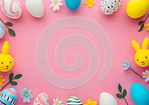 Pink Background With Easter Eggs Flowers and Toys. Generative AI