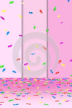 pink background with falling confetti.with free space for text or logo.