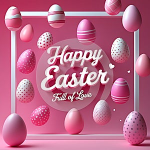 Pink Easter Eggs with White Dots and Stripes Floating on a Pink Background with Happy Easter Text