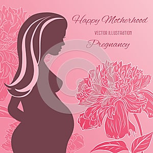 Pink background with flowers and silhouette of a pregnant woman
