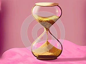 Pink background with gold sand in a hour glass.