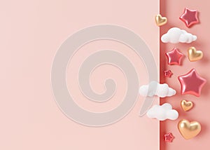 Pink background with golden hearts, stars, white clouds and copy space. It's a girl backdrop with empty space for