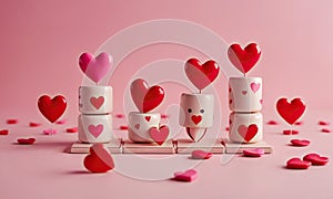 A pink background with a group of hearts and marshmallows on a pink table.