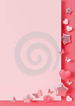 Pink background with hearts, butterflies, stars and copy space. It's a girl vertical backdrop with empty space for