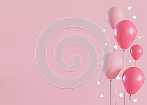 Pink background with helium balloons, stars and copy space. It's a girl backdrop with empty space for text. Baby