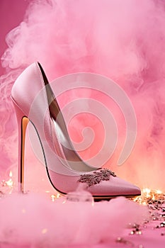 Pink background with high-heeled female shoe and copy space. Women's Day. It's a girl backdrop with empty space