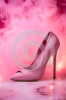 Pink background with high-heeled female shoe and copy space. Women's Day. It's a girl backdrop with empty space