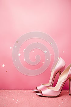 Pink background with high-heeled female shoes, copy space. Women's Day. It's a girl backdrop with empty space