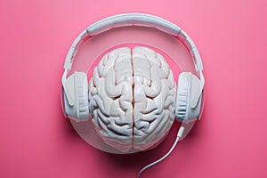 Pink background, human brain with white headphones, musics impact on cognition and emotions