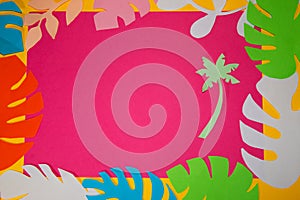 pink background with palm tree surrounded by colorful jungle leaves, tropical design, summer abstract