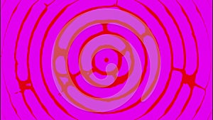 Pink background with red circled circles. Design. Small circles of different frames of a bright shade hypnotize in 3d