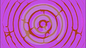 Pink background with red circled circles. Design. Small circles of different frames of a bright shade hypnotize in 3d