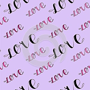 Pink background with repeating word Love. Pattern lettering for wrapping paper.