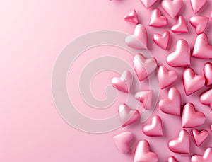 A pink background with a row of hearts on it. The hearts are all different sizes and are scattered throughout the