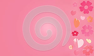 Pink background with shiny flowers and hearts on right side