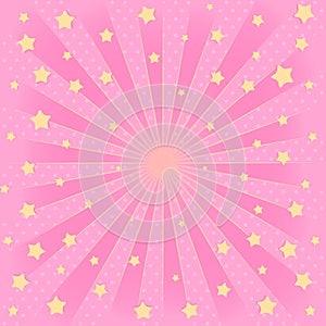 Pink background with sunbeams, flying star in air.