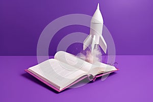 On a pink background, a toy rocket launches from the books and begins to spew smoke.Generative AI