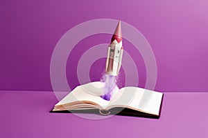 On a pink background, a toy rocket launches from the books and begins to spew smoke.Generative AI