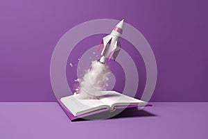 On a pink background, a toy rocket launches from the books and begins to spew smoke.Generative AI photo