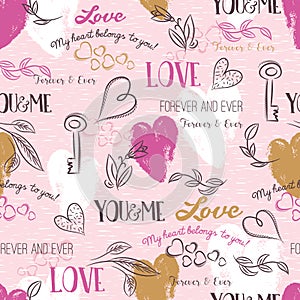 Pink background with valentine heart , flower, text, vector