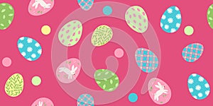 Pink background with a variety of colorful Easter eggs and dots, seamless pattern, vector