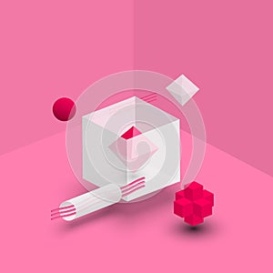 Pink background with white geometric 3d figures.