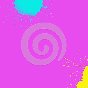 Pink background. Yellow drop of paint, sky blue splashes. Neon contrast picture for cover