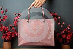 Pink bag, mockup in a woman's hand on a background of red flowers vase