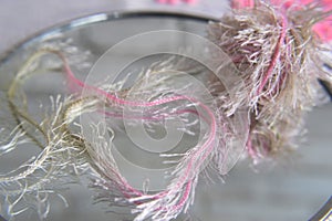 Pink ball of thread unwound on a gray blur background