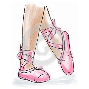 Pink ballerina shoes. Ballet pointe shoes with ribbon.