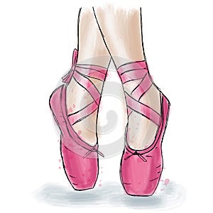 Pink ballerina shoes. Ballet pointe shoes with ribbon.