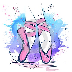 Pink ballet shoes illustration made in outline style on a watercolor background