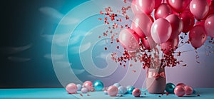 Pink balloons on blue background, gender reveal party banner idea, copy space. AI generated