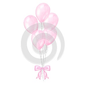 Pink balloons bundle with bow, girl kids birthday surprise. Gender reveal party, baby shower. Hand drawn watercolor