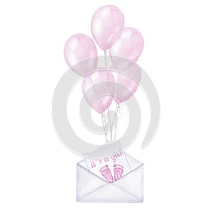 Pink balloons bundle, envelope with letter footprint. It`s a girl. Gender reveal party baby shower. Kids birthday