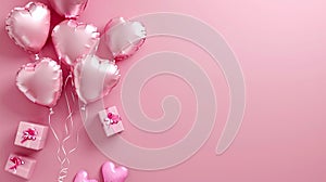 Pink balloons with hearts and gifts on a pink background