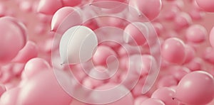 Pink balloons with one white flying in the air. Greeting card