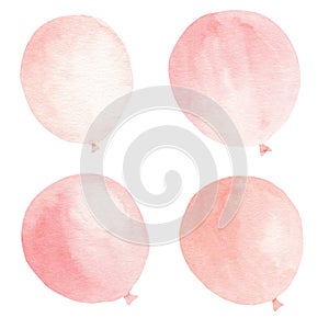 Pink balloons watercolor clipart set. Hand drawn illustration. Design for party decorations, baby shower invitation.