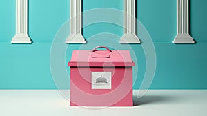 Pink Ballot Box with Capitol Image on Turquoise Backdrop. Generative AI