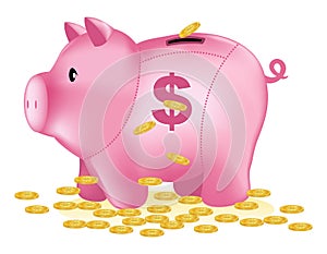 Pink Bank with Dollar Sign and Gold Coins