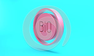 Pink Banner, label, tag, logo for bio green healthy food icon isolated on turquoise blue background. Organic product