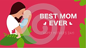 The pink banner mother and baby with text Best mom ever for happy holidays, template