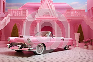 Pink barbie cabriolet car in front of the pink barbie house